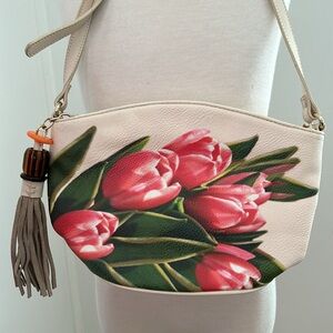 Vintage Sharif Pink/Green Hand Painted Tulip Crossbody Bag
